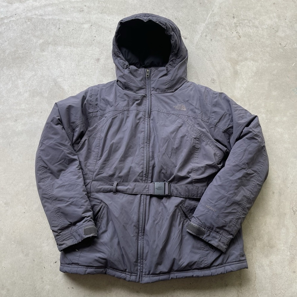 The North Face Hyvent Womens‎ Sz XL Goose Down Belted Jacket Gray Puffer Parka